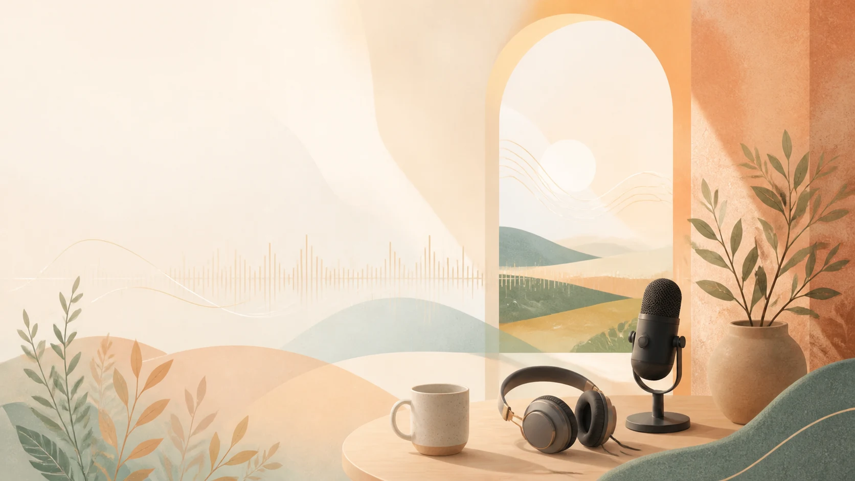 Warm editorial podcast artwork with a microphone, headphones, soundwaves, plants, and soft morning light